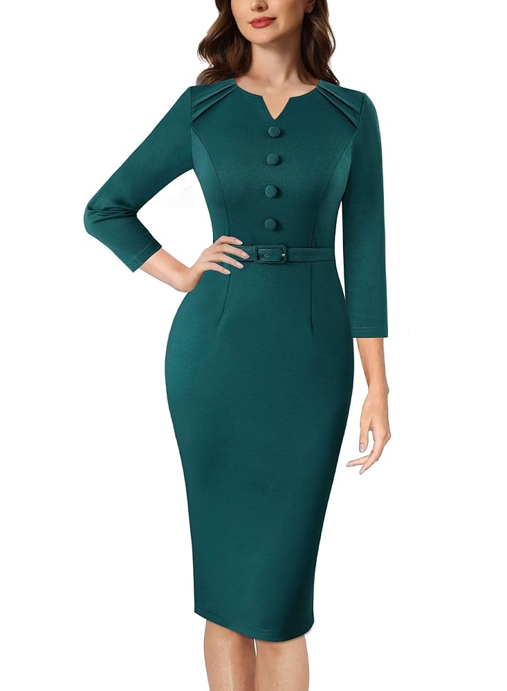 VFSHOW Damen Bleistiftkleid mit Plissee, V-Ausschnitt, Knopfdetails, schmal geschnitten, ideal für Büro und Arbeit, inklusive Gürtel
