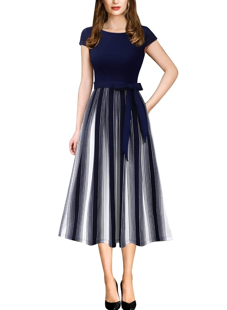 VFSHOW Damen Elegantes A-Linien Midi Kleid mit Patchwork-Taschen und Print für Freizeit und Büro