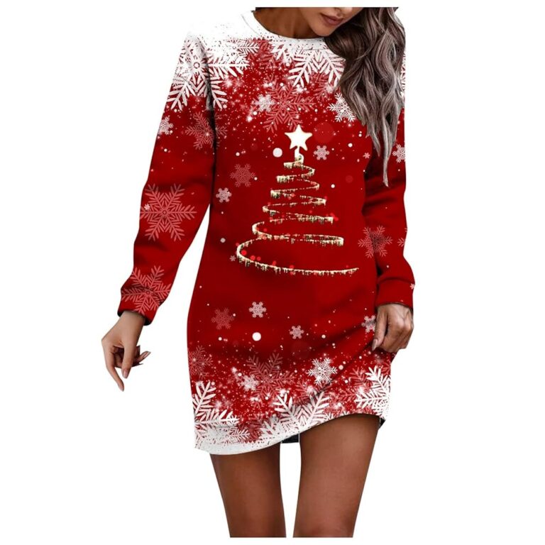 Weihnachtskleid für Damen – Langarm Kleid mit Rundhalsausschnitt, Pulloverstil, Schneeflockenmuster, bequem für die Winterfeiertage 2024