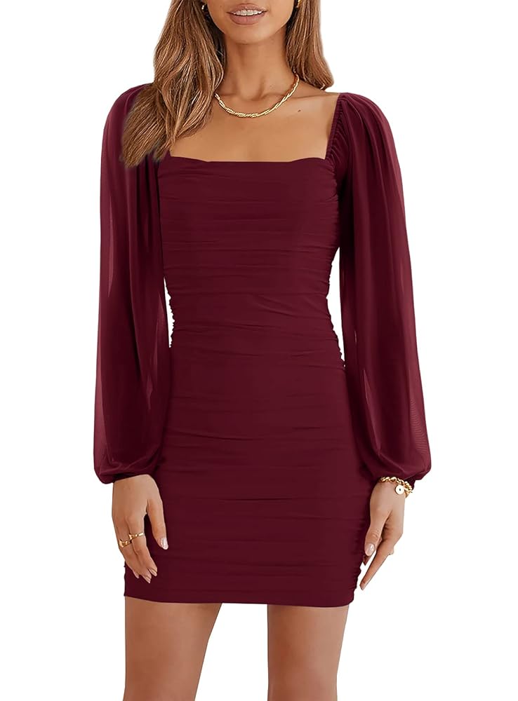 Wenrine Damen Party Cocktail Kleid - Bodycon Hochzeitsgast Minikleid mit langen Ärmeln und eckigem Ausschnitt – Slim Fit