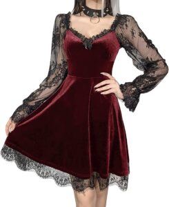 XKBHYD Gotisches Spitzen-Velours-Kleid mit V-Ausschnitt – Sexy Halloween Party Cocktail Minikleid im lässigen Stil