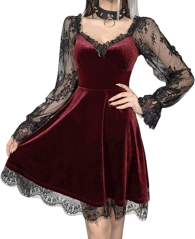 XKBHYD Gotisches Spitzen-Velours-Kleid mit V-Ausschnitt – Sexy Halloween Party Cocktail Minikleid im lässigen Stil