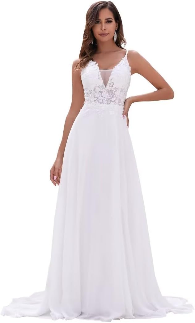 YONABTF Chiffon-Hochzeitskleid für die Braut, mit Spitzenapplikationen, V-Ausschnitt, lang, für den Strand, Spaghettiträger, elegantes Brautkleid mit Schlitz