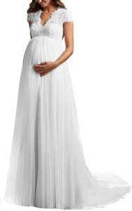 Yyoung Langes Umstandsbrautkleid mit V-Ausschnitt aus Spitze – Hochzeitskleid für Schwangere in großen Größen mit Schleppe