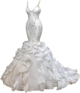 ZHUNASHOW Hochzeitskleid für Damen mit weißen Spitzen aus Organza, Meerjungfrau-Schnitt, Spaghettiträger, langem Schleppe und ärmellos