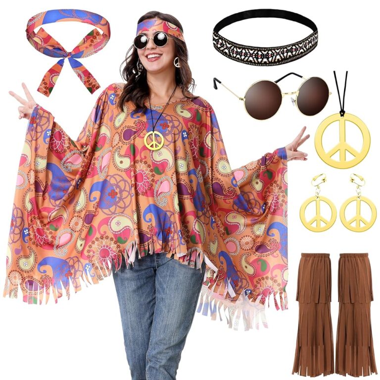 Aragallant Damen Hippie Kostüm Set, 7-teiliges Poncho Set im Stil der 60er und 70er Jahre, bestehend aus Poncho, Halskette, Ohrringen und Sonnenbrille – ideales Faschingskostüm...