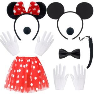 BITOWO Damen Mini Maus Kostüm für Erwachsene mit Haarreif, Rock, roten Ohren, Nase, Handschuhen, Schwanz und Schleife