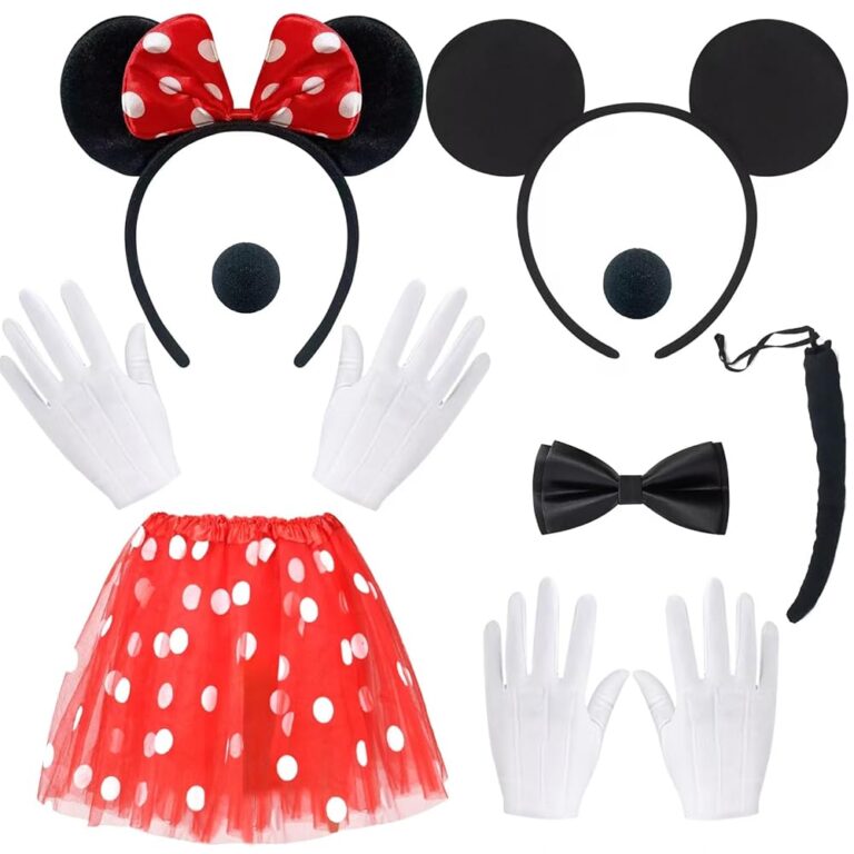 BITOWO Damen Mini Maus Kostüm für Erwachsene mit Haarreif, Rock, roten Ohren, Nase, Handschuhen, Schwanz und Schleife