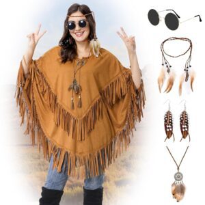 Extravaganter Poncho für Erwachsene in Wildleder-Optik, Braun mit Fransen und Perlen – Ideal als Kostüm für Karneval und Fasching