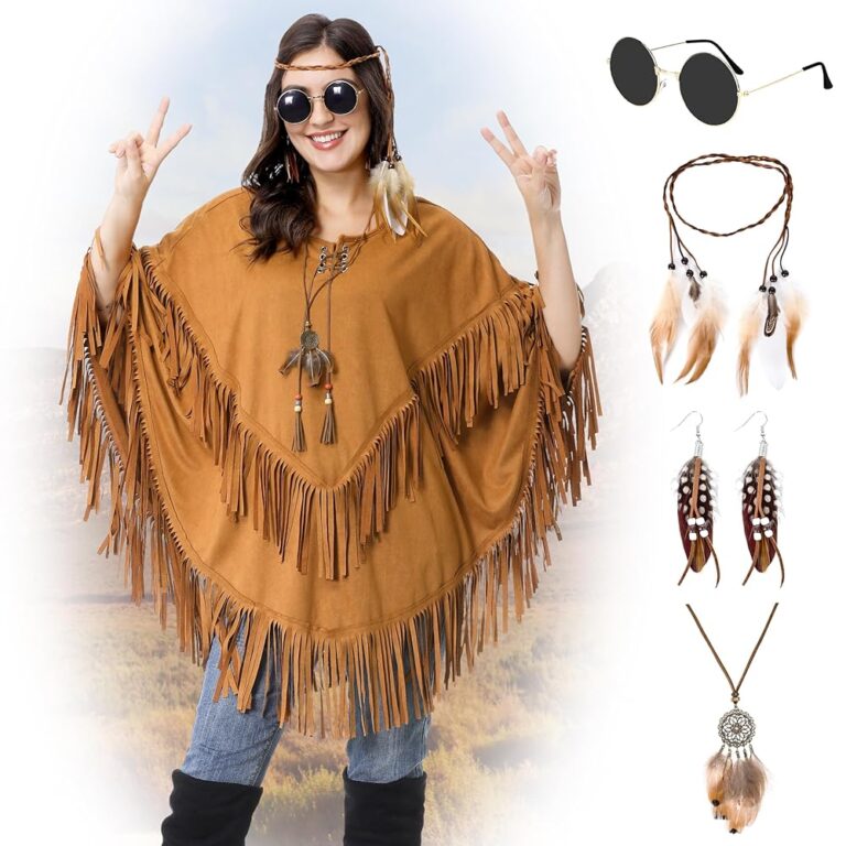 Extravaganter Poncho für Erwachsene in Wildleder-Optik, Braun mit Fransen und Perlen – Ideal als Kostüm für Karneval und Fasching