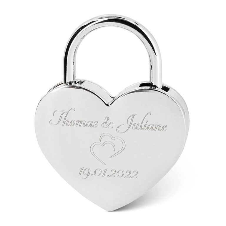 Herzschloss mit individueller Gravur - Personalisierbares Schloss in Gold mit Herzschlüssel - Mit Namen und Datum personalisiert - Perfekte Geschenkidee zum Valentinstag -...