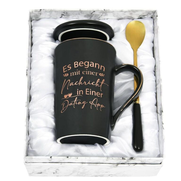 Joymaking Valentinstagskaffee-Becher Geschenk für Partner, Freund, Freundin oder Verliebte - 'Es begann mit einer Nachricht' Dating-App, 400ml, Schwarz