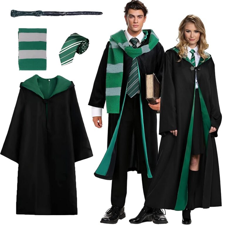 Kitimi Magischer Umhang, 4-teiliges Zauberer Cosplay Kostüm für Erwachsene mit Umhang, Zauberstab, Brille, Schal und Krawatte - Halloween Zaubererkostüm für Cosplay, Karneval...
