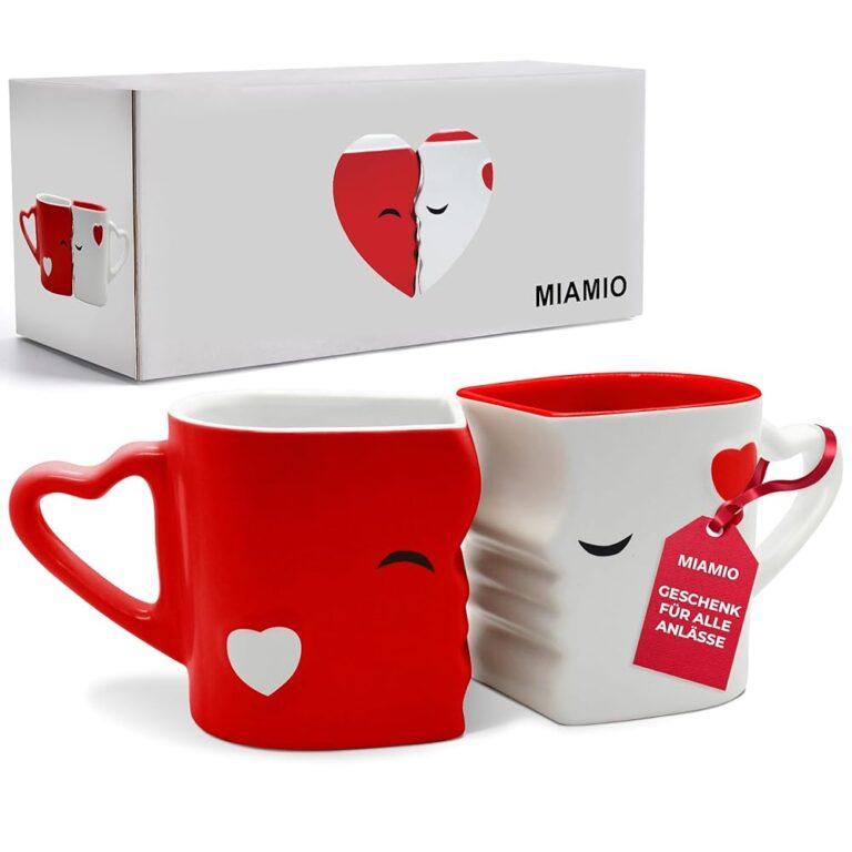 MIAMIO - Kaffeetassen Set mit küssenden Motiven - Geschenkidee für Frauen und Männer, ideales Hochzeitsgeschenk für das Brautpaar sowie Weihnachtsgeschenk, aus roter Keramik