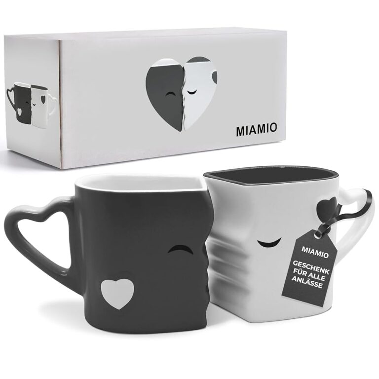 MIAMIO - Kaffeetassen Set mit Küssenden Tassen - Geschenkideen für Frauen und Männer, ideal für Freunde, Freundinnen, Hochzeiten und Weihnachten, aus Keramik (Grau)