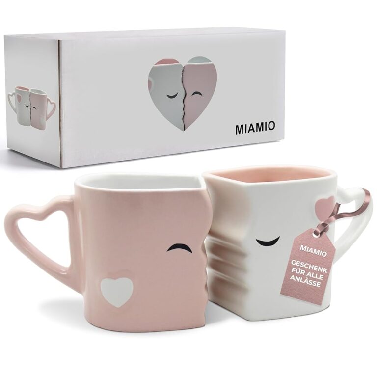 MIAMIO - Set aus küssenden Kaffeetassen aus Keramik (Rosa) - Geschenkidee für Männer, Frauen, Freunde und Freundinnen zu Hochzeit oder Weihnachten
