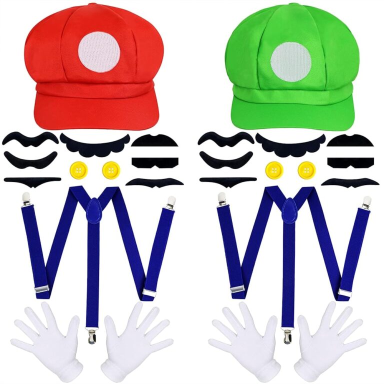 Orgoue Super Bros Kostüm - Mario & Luigi Outfit mit Hüten, Schnurrbärten, Handschuhen, Knöpfen und Hosenträgern für Cosplay, geeignet für Damen, Herren und Kinder, ideal für...