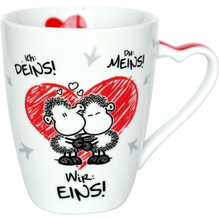 Sheepworld Kaffeetasse „Ich Deins, Du meins, Wir eins“ | Porzellantasse für Kaffee und Tee, mit Spruch, ideales Valentinstagsgeschenk | Herztasse | 45183