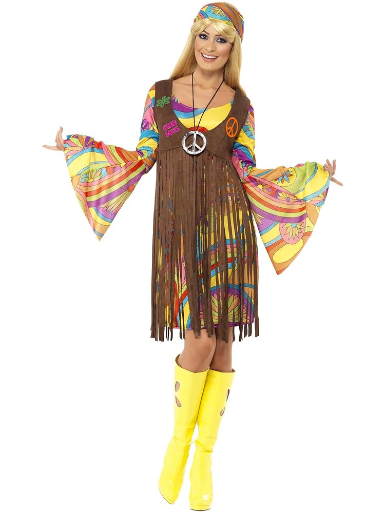 Smiffys, Damenkostüm im 60er Jahre Groovy Lady Stil, bestehend aus Kleid, Weste und Stirnband, Hippie-Design
