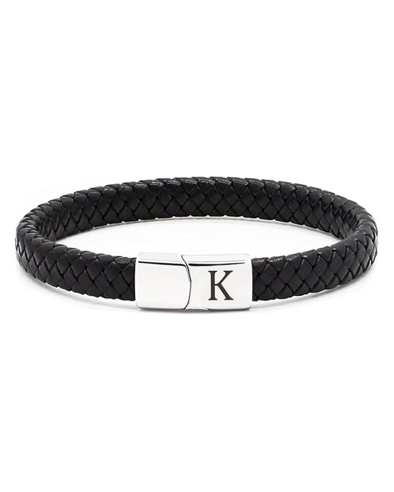 TOLOWOBK Herren Lederarmband mit personalisierbarer Edelstahlgravur A-Z – Geflochtenes schwarzes Lederarmband für Männer mit Magnetverschluss – Ideal für Valentinstag und...