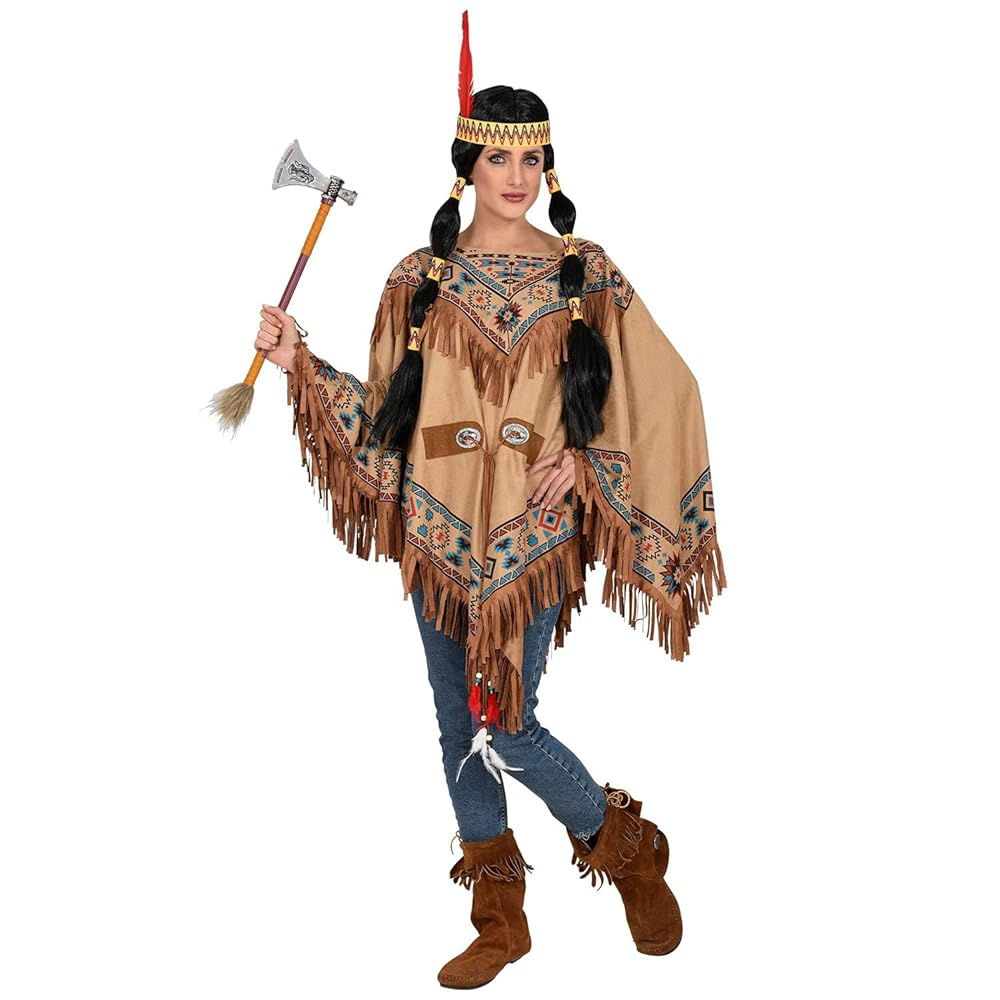 WIDMANN MILANO Indianer-Kostüm Poncho – Braun Mit Fransen & Aztekenmuster, Für Fasching & Mottoparty, Einheitsgröße