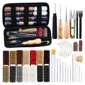 41-teiliges Leder-Nähset, Werkzeugset für Lederverarbeitung, inklusive 14 Farben gewachstem Garn, Zinkenstanze, Nähahle, Leder-Nähnadeln und praktischer Aufbewahrungstasche