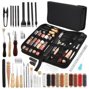 52-teiliges Set zum Nähen von Leder, inklusive Werkzeug mit 10 Farben gewachstem Faden, Krappenstanzwerkzeugen, Lederlochern, Nähnadeln, Druckzahnwerkzeug und Nähahle für