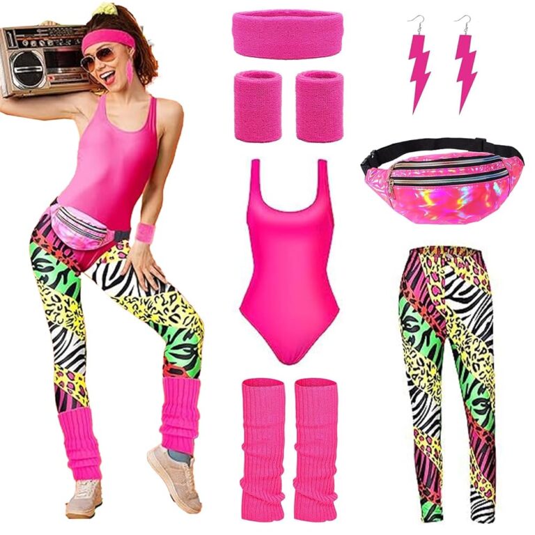 80er Jahre Damen Outfit mit Accessoires - HIQE-FL, Workout Kostüm inklusive Bauchtasche, Stirnband und Beinwärmer