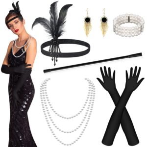 Alintor Accessoires im 20er Jahre Stil, Damen Kostüme der 1920er Jahre, Charleston Flapper Kleid Zubehör, 6 Gatsby Accessoires für Damen, Ideal für schwarze Federboas,