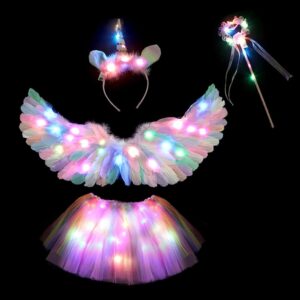 Aniepaa Mädchen Einhorn Kostüm mit Federflügeln, Einhorn-Haarreif, Zauberstab und Tutu-Tüllrock für Cosplay-Partys
