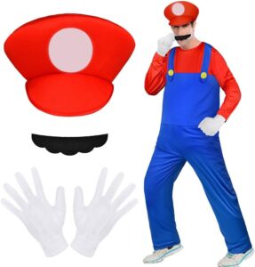 Aomig Mario Kostüm, Luigi Bros Cosplay-Set mit Mütze, Hose, Bart und Handschuhen – Mario und Luigi Kostüm für Männer und Frauen, ideales Outfit für Weihnachten und Karneval