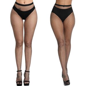 Aomig Schwarze Netzstrumpfhosen, 2er-Pack Fischernetz-Strümpfe, Elastische Hohe Taille Schenkelhohe Strümpfe, Modische Netzstrumpfhosen für Damen