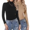 Aottori Damen Langarmshirt Set - 2er Pack Rollkragenoberteile, elegantes Slim Fit Thermo-Unterziehshirt, Basic Stretch Top