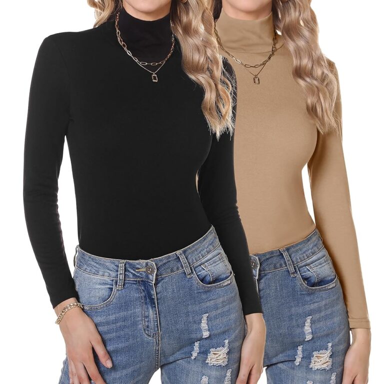 Aottori Damen Langarmshirt Set - 2er Pack Rollkragenoberteile, elegantes Slim Fit Thermo-Unterziehshirt, Basic Stretch Top