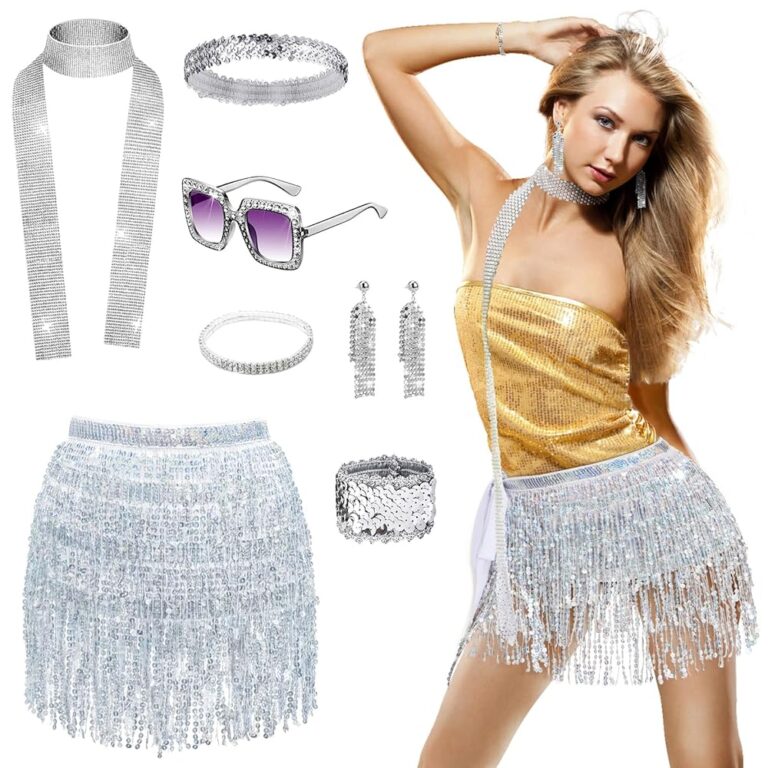 Aragallant 8-teiliges Disco-Set für Damen: 70er und 80er Jahre Kostüm mit Sonnenbrille, Haarband, Strass-Halskette, Armband und Ohrringen für Fasching
