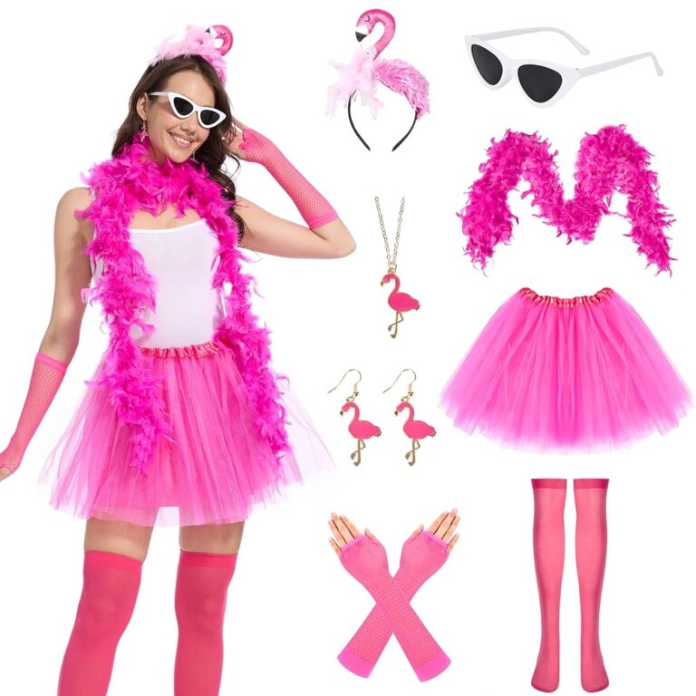 Aragallant Damen Flamingo Kostüm, Rosa Tüllrock mit 8 Flamingo Accessoires: Federschal, Haarreif, Brille, Handschuhe, Ohrringe und Halskette für Erwachsene