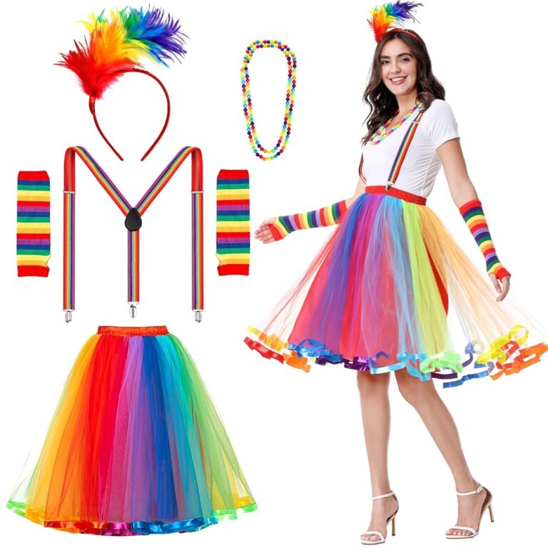 Aragallant Regenbogen Tüllrock mit Trägern, Karnevalskostüm für Damen, bunter Tüllrock, Feder-Stirnband in Regenbogenfarben, Damen- und Mädchen-Tüllrock, 50er Jahre Outfit für...