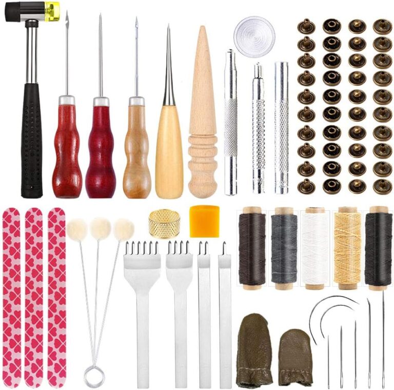 Bamru Werkzeugset für Lederverarbeitung: DIY-Set für Anfänger mit Wachsfäden, Nähnadeln, Meißeln, Lochern, Leder-Nieten und weiterem Zubehör für die Lederbearbeitung