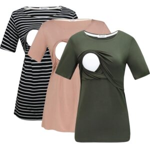Bearsland Damen 3er Set Stilltops für die Mutterschaft, Kurzarm Stillshirts in Schwarz gestreift, Grün und Braun (3 Stück), Größe XX-Large