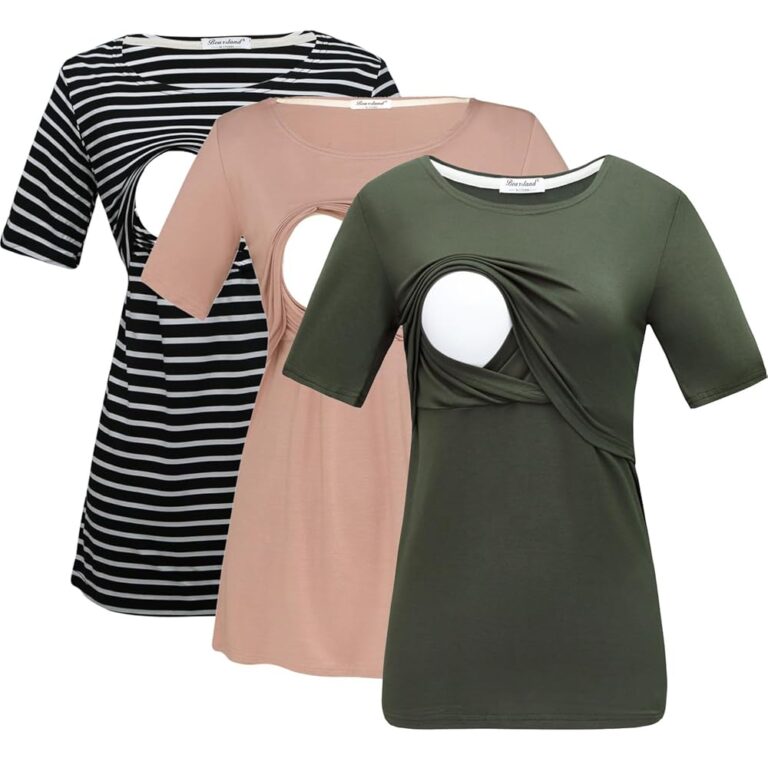Bearsland Damen 3er Set Stilltops für die Mutterschaft, Kurzarm Stillshirts in Schwarz gestreift, Grün und Braun (3 Stück), Größe XX-Large