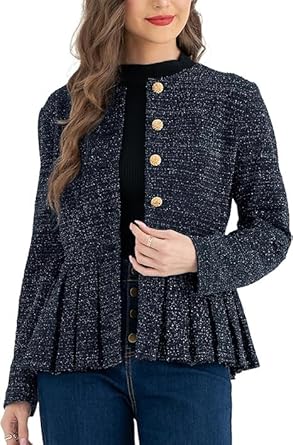 Belle Poque Damen Blazermantel ohne Kragen mit Rundhalsausschnitt, Knopfleiste und Rüschensaum – ideal für den Alltag und das Büro