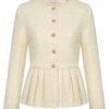 Belle Poque Damen Jacke ohne Kragen mit Rundhalsausschnitt, Knopfleiste und Rüschensaum – Casual Blazer für Büro und Freizeit