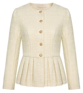 Belle Poque Damen Jacke ohne Kragen mit Rundhalsausschnitt, Knopfleiste und Rüschensaum – Casual Blazer für Büro und Freizeit