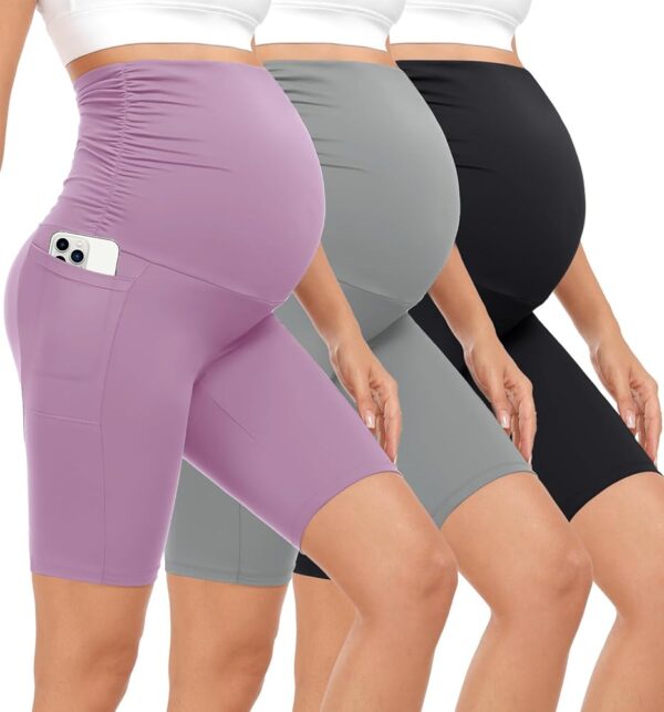 BLONGW 3er-Set Umstands-Biker-Shorts, über dem Bauch sitzend, ideal für Workout, Yoga und aktive Schwangerschaft, mit Taschen im Pyjama-Stil