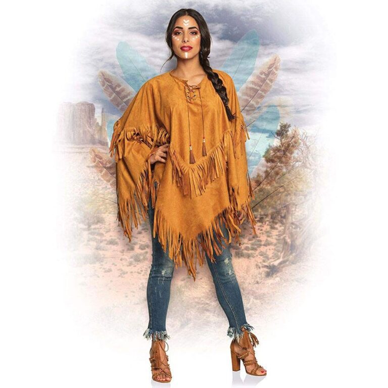 Boland 44095 - Indianerinnen-Poncho in Braun, Einheitsgröße für Erwachsene, Umhang in Lederoptik mit Fransen und Perlen, ideal für Häuptlinge, Cowboys, Squaws, Karneval,...