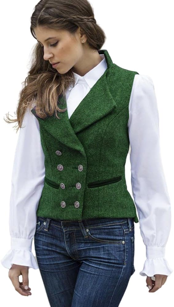 CAMDOM Damen Vintage Anzugweste im 50er Jahre Stil – Slim Fit Tweed Weste mit V-Ausschnitt