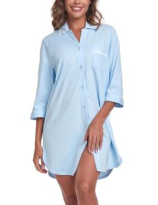 COLORFULLEAF 100% Baumwoll-Nachthemden für Frauen mit 3/4-Ärmeln, knöpfbare Schlafshirts, weiche Nachtwäsche, Nachtkleider in den Größen S-XXL