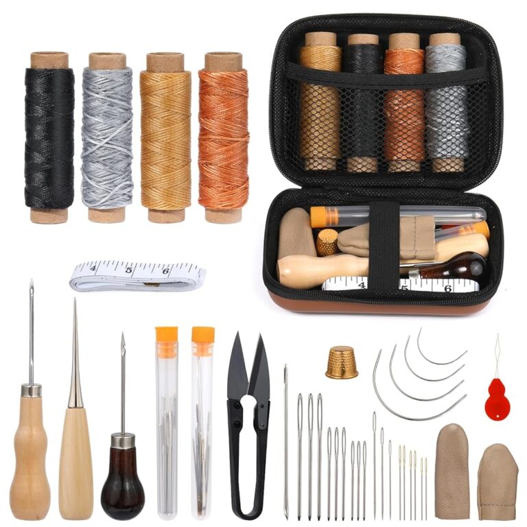Deudy 39-teiliges Leder-Nähset – Werkzeugset für Lederhandwerk mit Wachsfaden, Nähnadeln, Ahle und Schere zur Reparatur von Lederpolstern und für DIY-Projekte