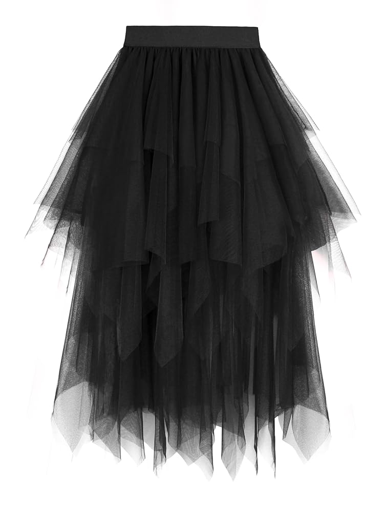 Dressever Damen Tüllrock im unregelmäßigen Design – Mehrlagiger Mesh-Faltenrock in A-Linie mit hoher Taille für Ballett, Abschlussball und Karneval