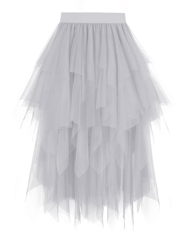 Dressever Damen Unregelmäßiger Tüllrock - Mehrschichtiger Mesh Faltenrock in A-Linie mit hohem Bund für Ballett, Abschlussball und Karneval